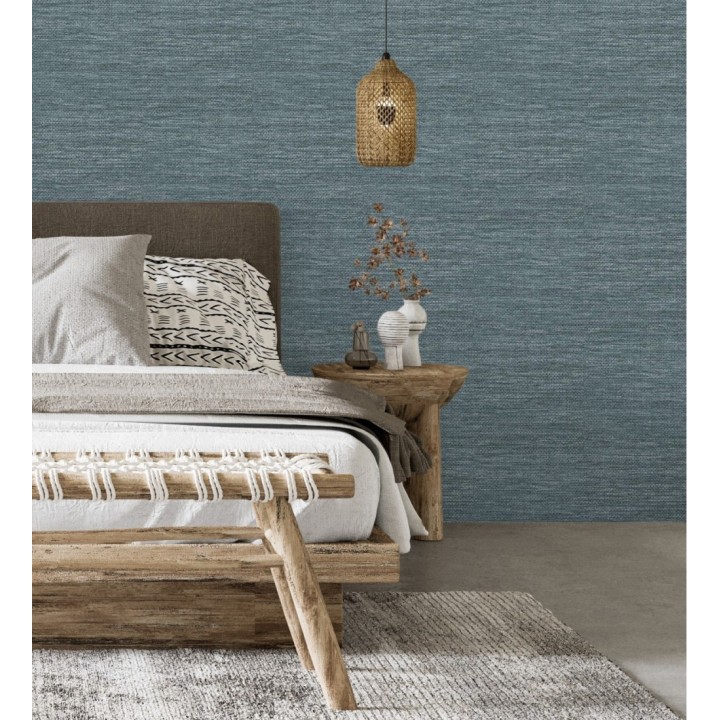 Papel pintado rafia con fibras de sisal teñido en azul plomo - Studs Texture 682096