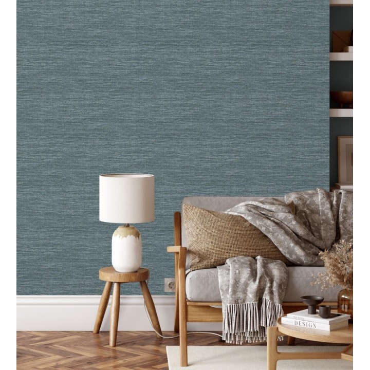 Papel pintado rafia con fibras de sisal teñido en azul plomo - Studs Texture 682096