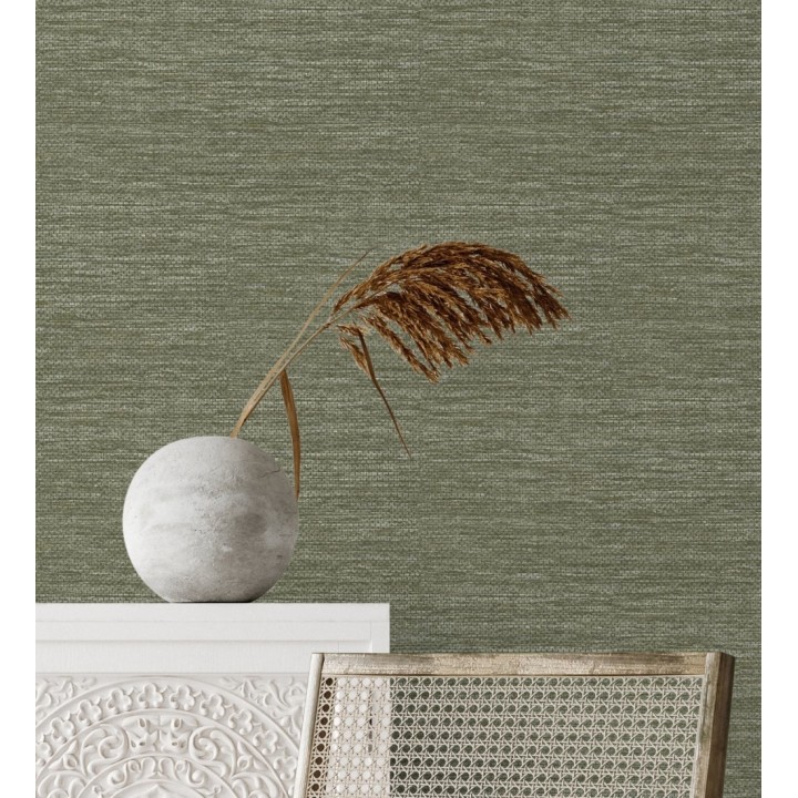Papel pintado rafia con fibras de sisal teñido en verde aceituna - Studs Texture 682098