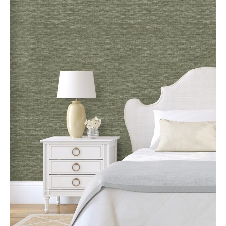 Papel pintado rafia con fibras de sisal teñido en verde aceituna - Studs Texture 682098