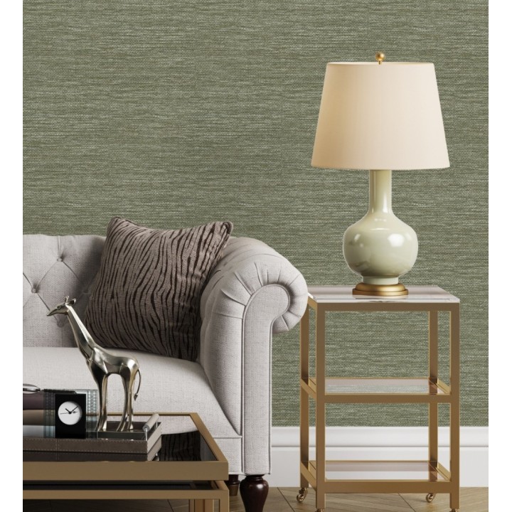 Papel pintado rafia con fibras de sisal teñido en verde aceituna - Studs Texture 682098