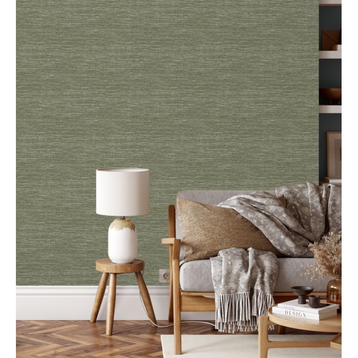 Papel pintado rafia con fibras de sisal teñido en verde aceituna - Studs Texture 682098