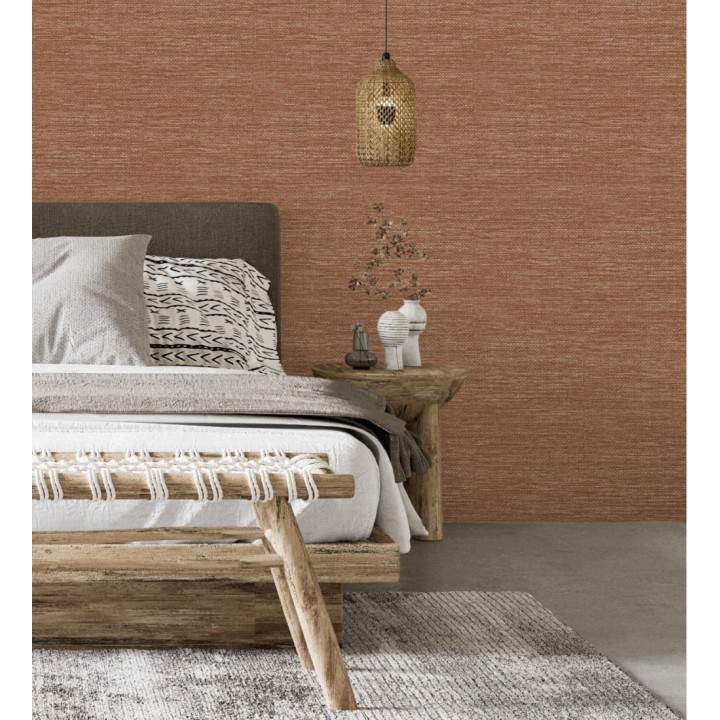 Papel pintado rafia con fibras de sisal teñido en marrón rojizo - Studs Texture 682101