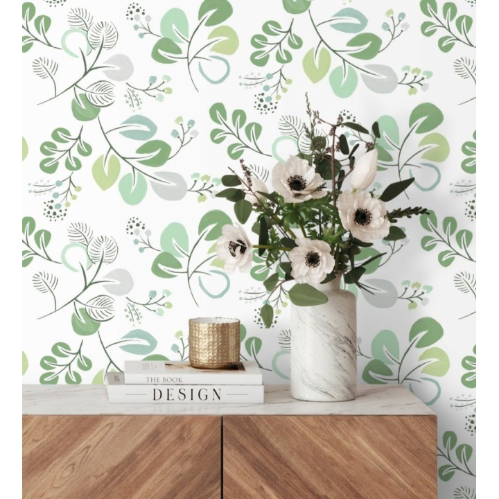Papel pintado hojas estilo nórdico tonos verdes - Blossom Hall 682102