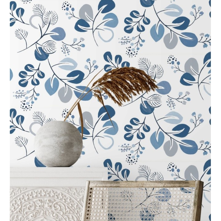 Papel pintado hojas estilo nórdico tonos azules - Blossom Hall 682103