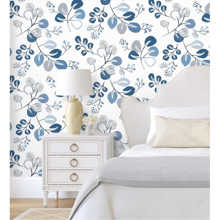 Papel pintado hojas estilo nórdico tonos azules - Blossom Hall 682103