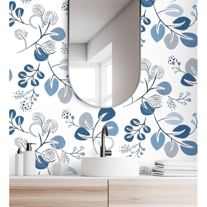 Papel pintado hojas estilo nórdico tonos azules - Blossom Hall 682103