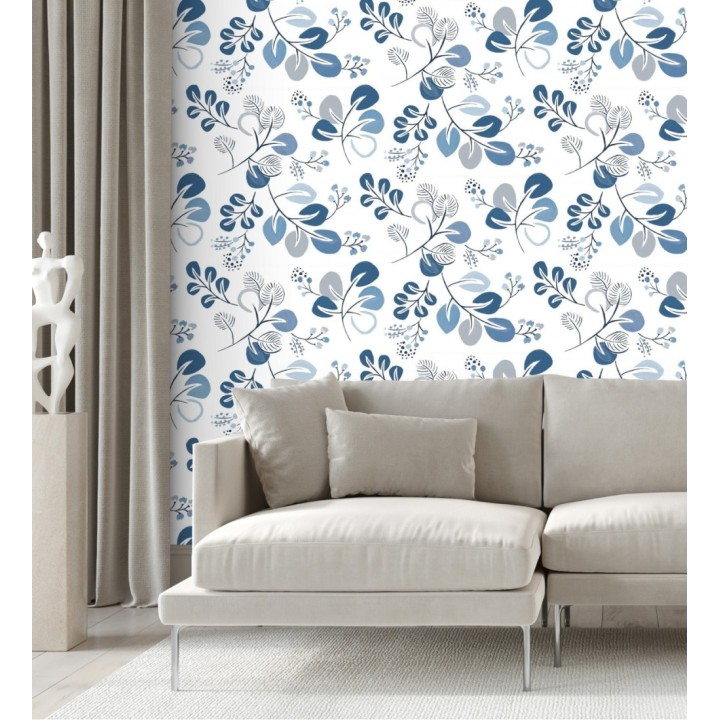 Papel pintado hojas estilo nórdico tonos azules - Blossom Hall 682103