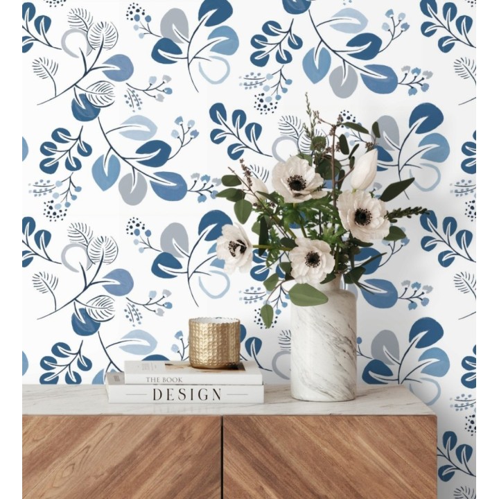 Papel pintado hojas estilo nórdico tonos azules - Blossom Hall 682103