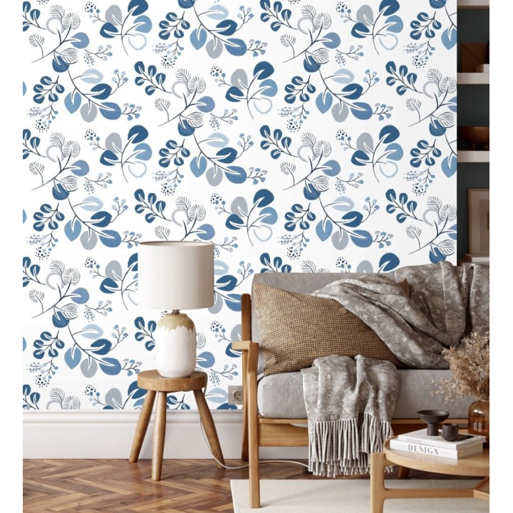 Papel pintado hojas estilo nórdico tonos azules - Blossom Hall 682103