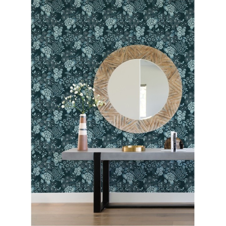 Papel pintado de flores estilo japonés azul oscuro - Amaral 682106