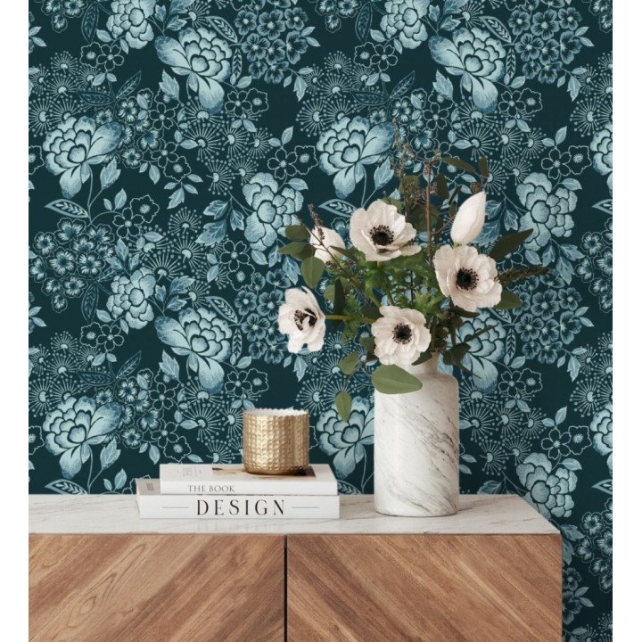 Papel pintado de flores estilo japonés azul oscuro - Amaral 682106