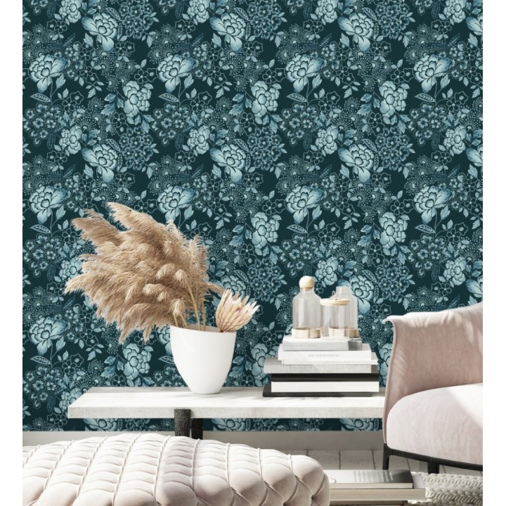Papel pintado de flores estilo japonés azul oscuro - Amaral 682106
