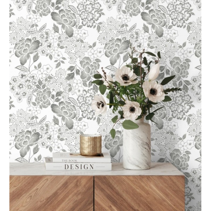 Papel pintado de flores estilo japonés gris - Amaral 682109