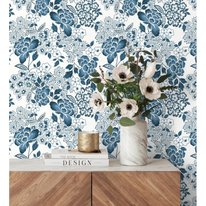 Papel pintado de flores estilo japonés azul - Amaral 682110