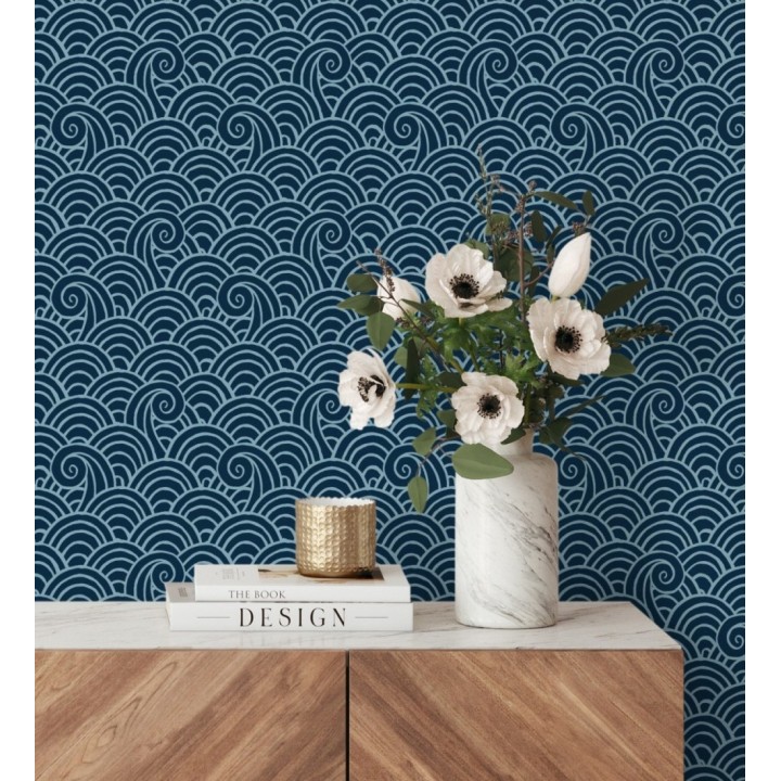 Papel pintado dibujo de olas artístico azul - Odette Sea 682111