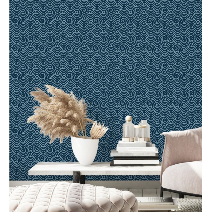 Papel pintado dibujo de olas artístico azul - Odette Sea 682111