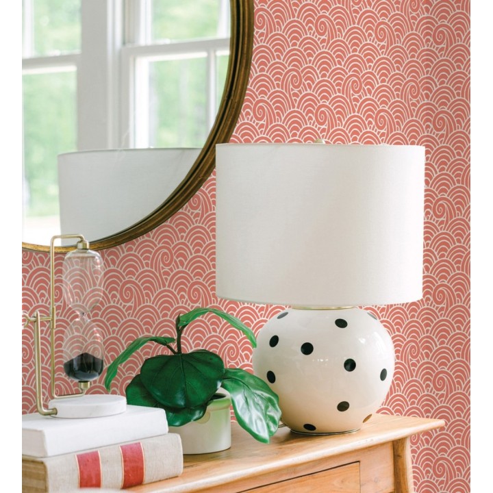 Papel pintado dibujo de olas coral y blanco estilo abstracto - Odette Sea 682112