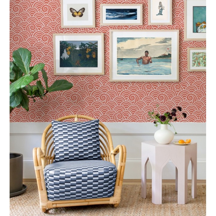 Papel pintado dibujo de olas coral y blanco estilo abstracto - Odette Sea 682112