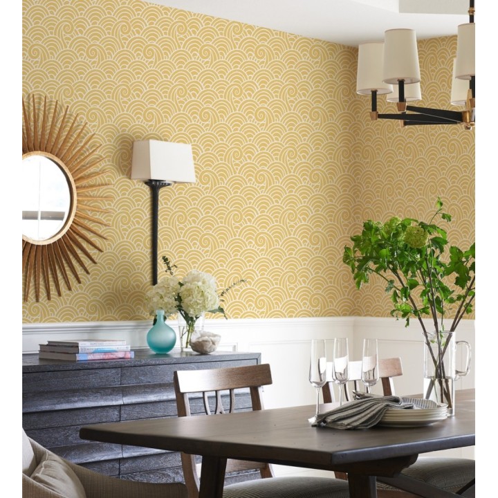 Papel pintado dibujo de olas amarillo y blanco estilo abstracto - Odette Sea 682113