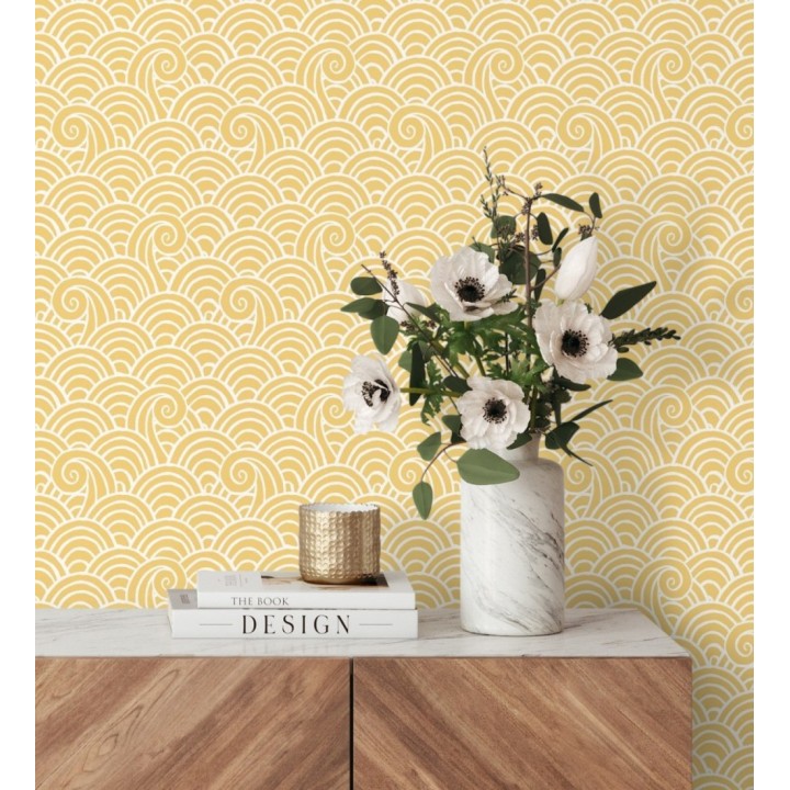Papel pintado dibujo de olas amarillo y blanco estilo abstracto - Odette Sea 682113