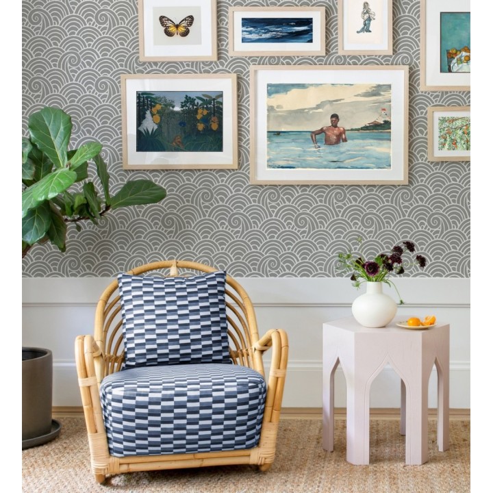 Papel pintado dibujo de olas gris y blanco estilo abstracto - Odette Sea 682114