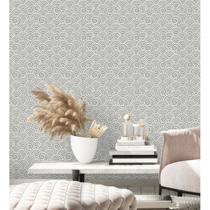 Papel pintado dibujo de olas gris y blanco estilo abstracto - Odette Sea 682114