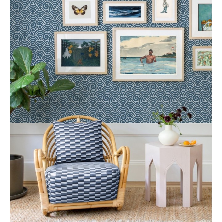 Papel pintado dibujo de olas azul y blanco estilo abstracto - Odette Sea 682115