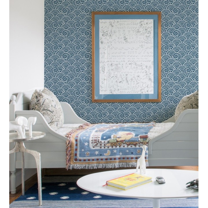 Papel pintado dibujo de olas azul y blanco estilo abstracto - Odette Sea 682115