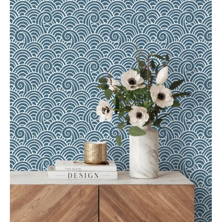 Papel pintado dibujo de olas azul y blanco estilo abstracto - Odette Sea 682115