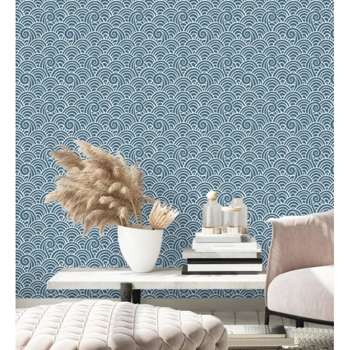 Papel pintado dibujo de olas azul y blanco estilo abstracto - Odette Sea 682115