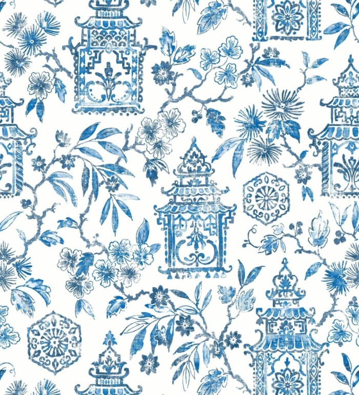 Papel pintado oriental de casas japonesas y flores azules - Saori Garden 682116