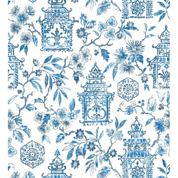 Papel pintado oriental de casas japonesas y flores azules - Saori Garden 682116