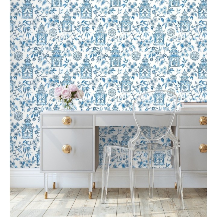 Papel pintado oriental de casas japonesas y flores azules - Saori Garden 682116