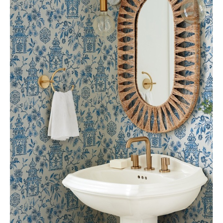 Papel pintado oriental de casas japonesas y flores azules - Saori Garden 682116