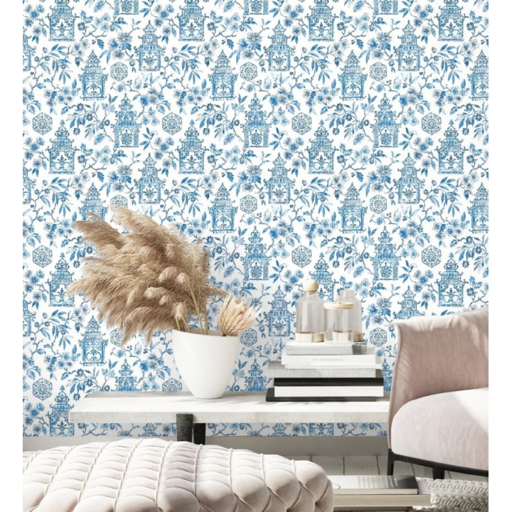 Papel pintado oriental de casas japonesas y flores azules - Saori Garden 682116