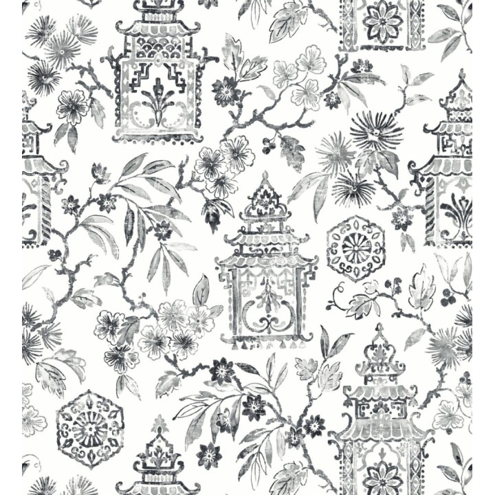 Papel pintado oriental de casas japonesas y flores negras - Saori Garden 682117