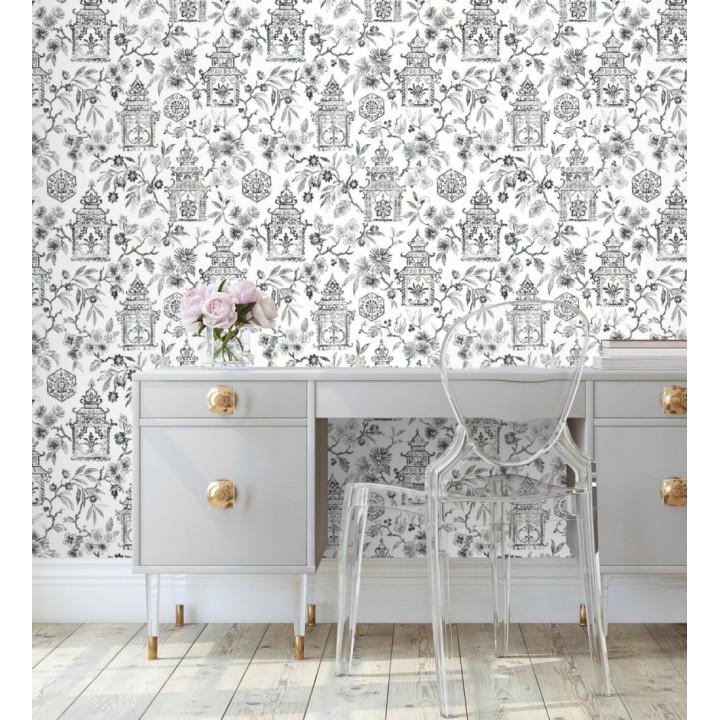 Papel pintado oriental de casas japonesas y flores negras - Saori Garden 682117