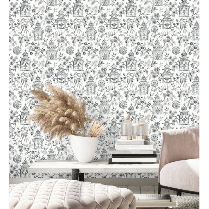 Papel pintado oriental de casas japonesas y flores negras - Saori Garden 682117