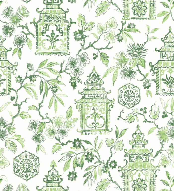 Papel pintado oriental de casas japonesas y flores verdes - Saori Garden 682118