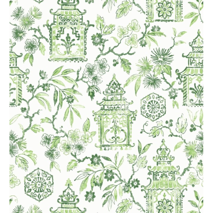 Papel pintado oriental de casas japonesas y flores verdes - Saori Garden 682118