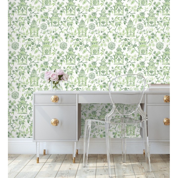 Papel pintado oriental de casas japonesas y flores verdes - Saori Garden 682118