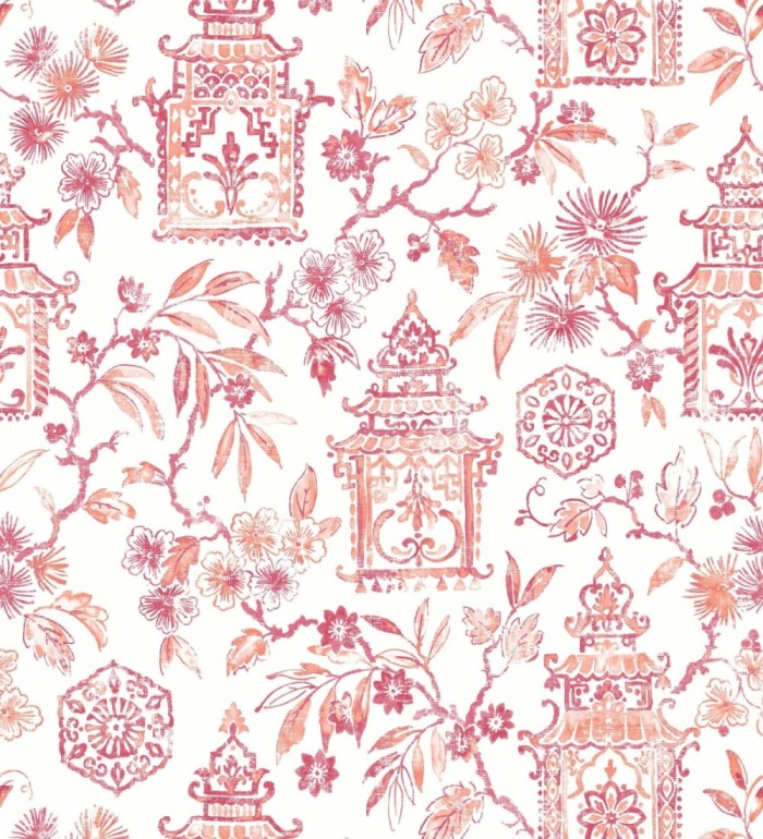 Papel pintado oriental de casas japonesas y flores color coral - Saori Garden 682119