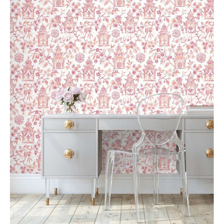 Papel pintado oriental de casas japonesas y flores color coral - Saori Garden 682119