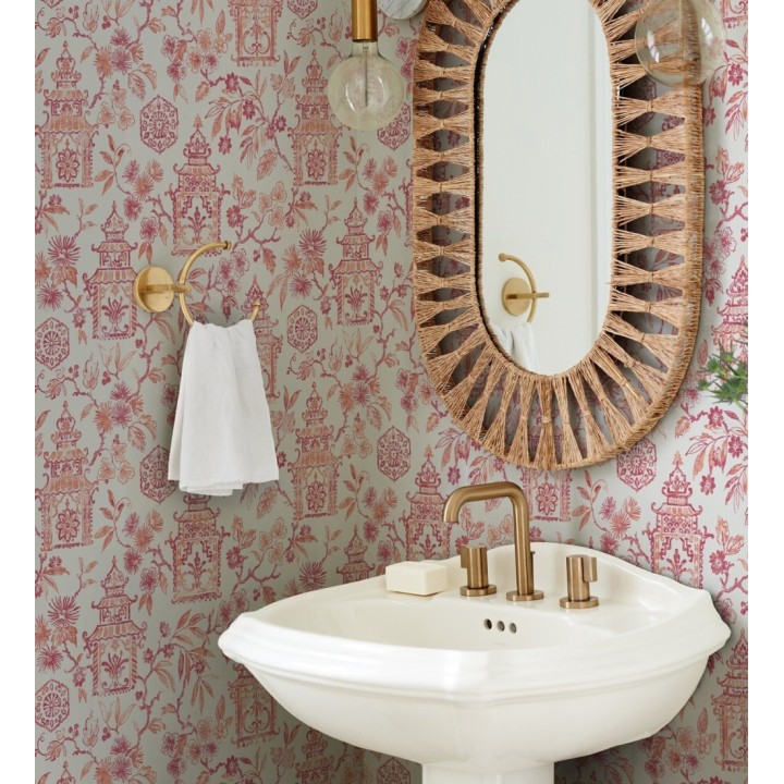 Papel pintado oriental de casas japonesas y flores color coral - Saori Garden 682119