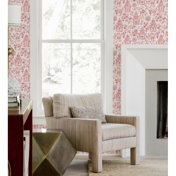 Papel pintado oriental de casas japonesas y flores color coral - Saori Garden 682119