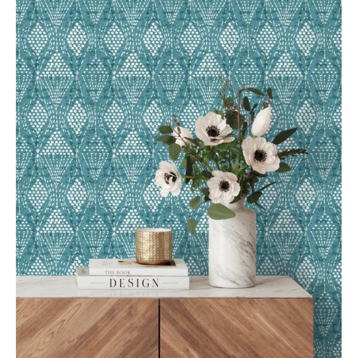 Papel pintado de rombos étnicos color turquesa estilo hindú  - Indian Dreams 682124