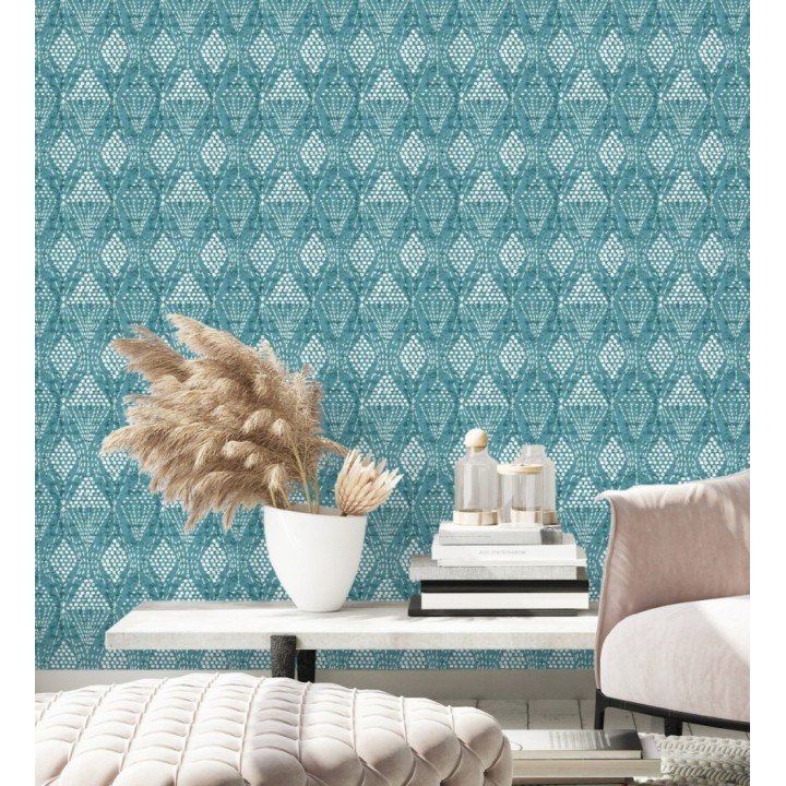 Papel pintado de rombos étnicos color turquesa estilo hindú  - Indian Dreams 682124