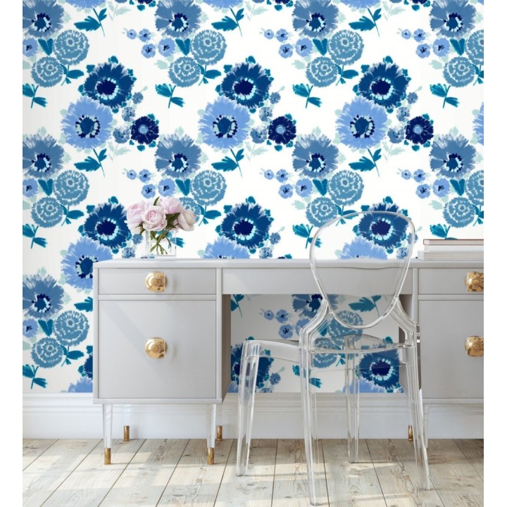Papel pintado de flores grandes colores intensos en azul Klein - Micaela Spring 682130