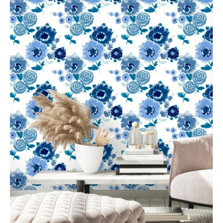 Papel pintado de flores grandes colores intensos en azul Klein - Micaela Spring 682130